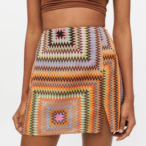 Urban Outfitters Linen Blend Geometric Mini Skirt Festival Boho Bright Statement - Picture 1 of 8